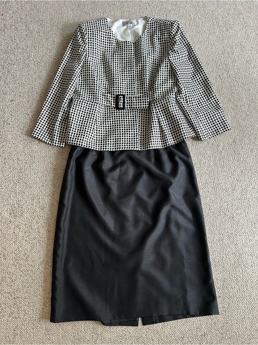 Le Suit Classic Black Midi Skirt with Black & White Checked Peplum Top